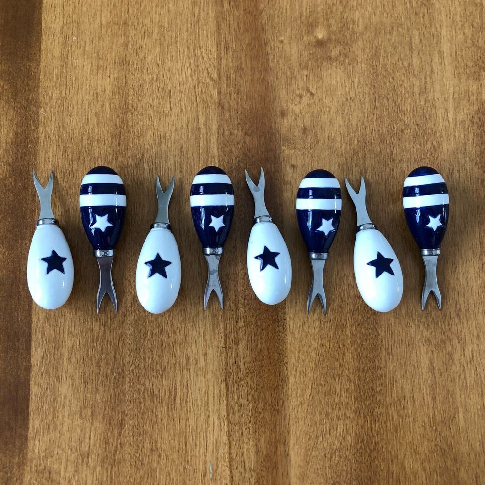 Williams Sonoma Corn Picks Set 8 White Blue Ceramic Metal Patriotic Flag 2000